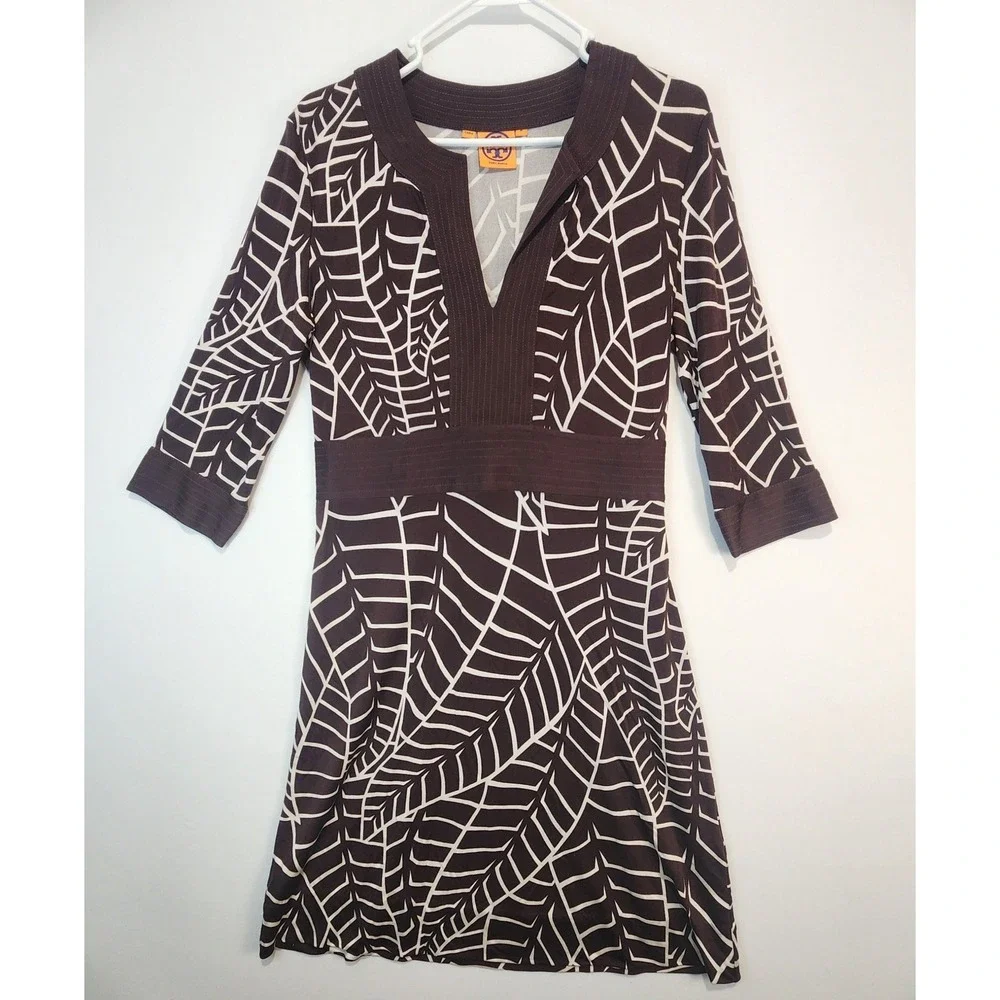 Tory Burch Women's Classy Elegant‎ 100% Silk Dress Brown/White Size M